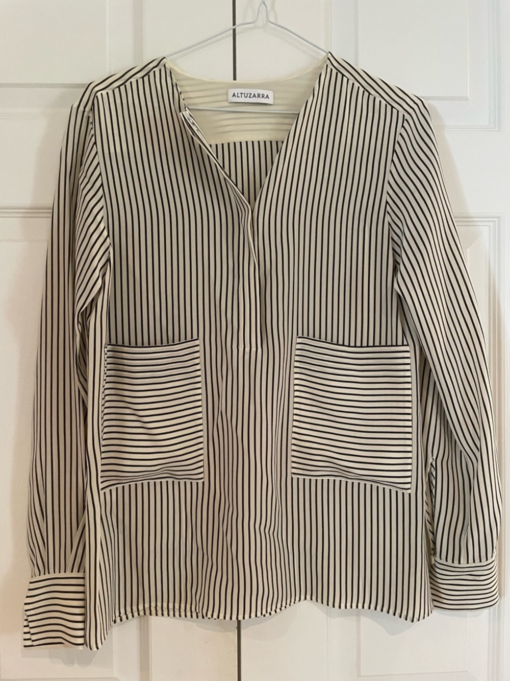 Altuzarra Cream and Black Vertical-Stripe Silk Top